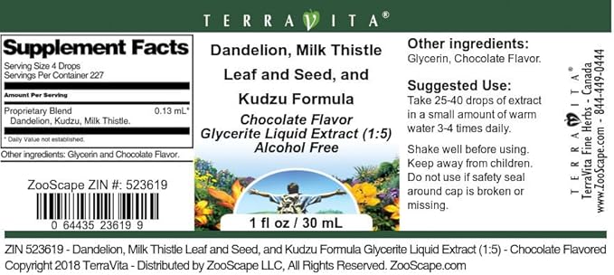 Terravita Dandelion Milk Thistle Leaf and Seed and Kudzu Formula Glycerite Liquid Extract (1:5) - Chocolate Flavored (1 oz ZIN: 523619)
