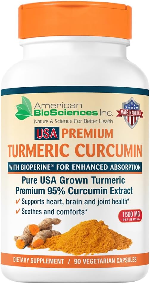 Pure USA Grown Premium Turmeric Curcumin with BioPerine 1500mg - 95% Standardized Curcuminoids &amp Black Pepper Extract for Enhanced Absorption - Natural Joint Support - 90 Capsules
