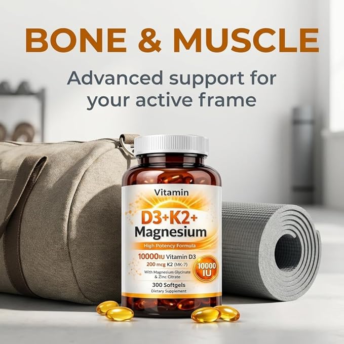 Vitamin D3 K2 Magnesium Bone &amp Muscle Support 10000 IU D3 with 200 mcg K2 MK-7 Magnesium Glycinate &amp Zinc Citrate 300 Softgels