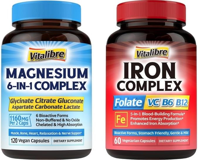Iron Complex Supplement 60 Capsules &amp 6 in 1 Magnesium Complex Supplement 120 Capsules Non-GMO Gluten Free
