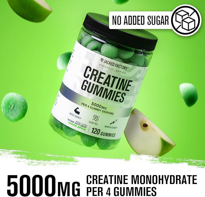 Jacked Factory Sugar Free Creatine Gummies - 5g Daily Dose (1.25g per Gummy) - Creatine Gummy Sugar Free for Men and Women Vegan-Friendly Third-Party Tested - 120 Gummies Green Apple