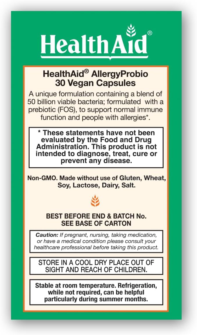 HealthAid AllergyProbio 50 Billion CFU Vegan Probiotic with Prebiotic 30 Capsules Once Daily Seasonal Allergy Support