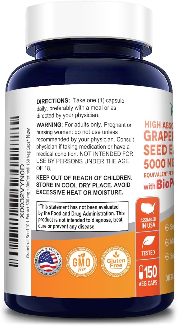 NusaPure Grapefruit Extract 5000 mg per Capsule (Extract 10:1) Bioperine 150 Veggie caps (Gluten Free &amp Non-GMO)