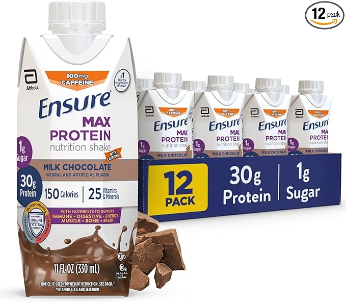 Ensure Max Protein Shake | Milk Chocolate with Caffeine | Ready to Drink | 30g Protein for Muscle Health | 1g Sugar 4g Fiber | 11 fl oz 12 Pack