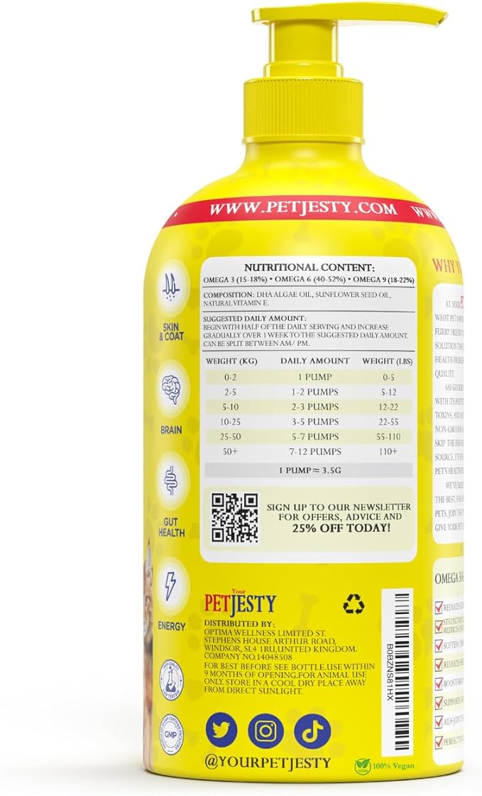 PetJesty Pure Omega 3 Oil for Dogs &amp Cats 26.39oz - Omega 3 Skin &amp Coat Support- Liquid Food Supplement for Pets - Vegan pet + DHA for Joint Function Immune &amp Heart Health Non Fish Oil D