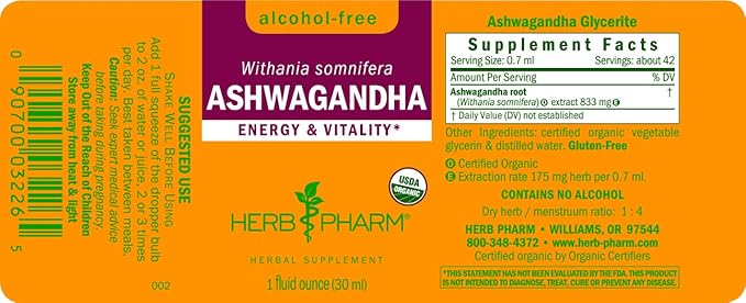Herb Pharm Ashwagandha &amp Rhodiola Root Extracts for Energy Vitality Endurance &amp Stamina Alcohol-Free Glycerite &amp Organic Cane Alcohol 1 Oz Each