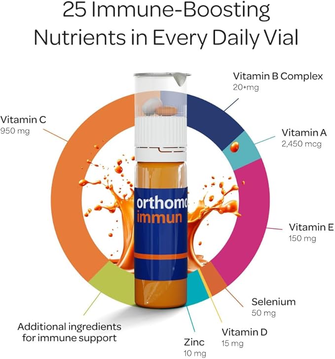 Orthomol Immun Immune Support Vials for Adults with Vitamin C Zinc Selenium Iodine Vitamin D E A B Calcium 25+ Immune Boost Nutrients 1 Serving Per Day for Daily Health (30 Day Supply)