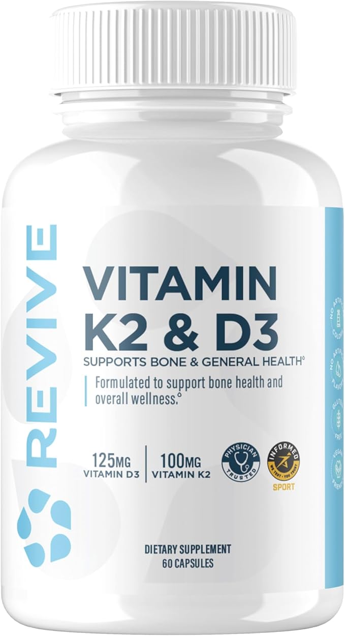 REVIVE MD Vitamin D3 &amp K2 - Supports Bone Health &amp Muscle Strength - K2 &amp D3 Vitamin Supplement for Women &amp Men Health &amp Brain Function (60 Servings)