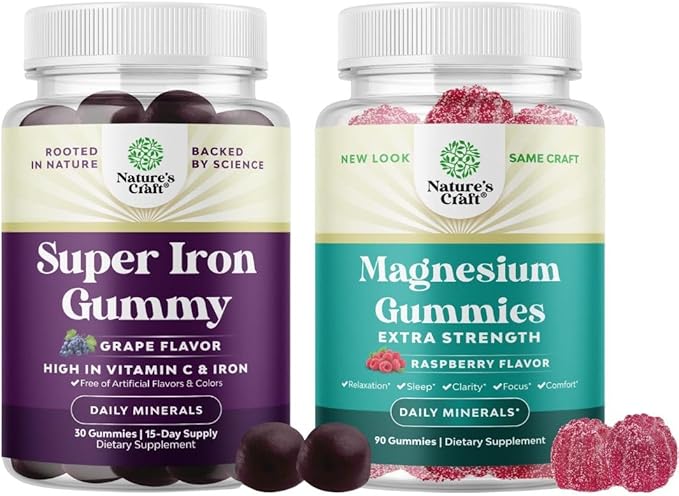 Bundle of Extra Strength Iron Supplement Gummies with Vitamin C &amp B Complex - Increase Red Blood Cells Supplement and Extra Strength Calm Magnesium Gummies with Elemental Mag - Body &amp Mind Rel