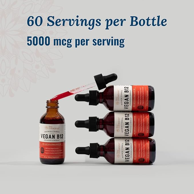 Live Conscious Vegan Vitamin B12 Sublingual Liquid Drops Methylcobalamin Max Strength B12 5000mcg Formula - Vegan B 12 Vitamin Support Energy Promote Memory &amp Aid Immune System (2 Pack)