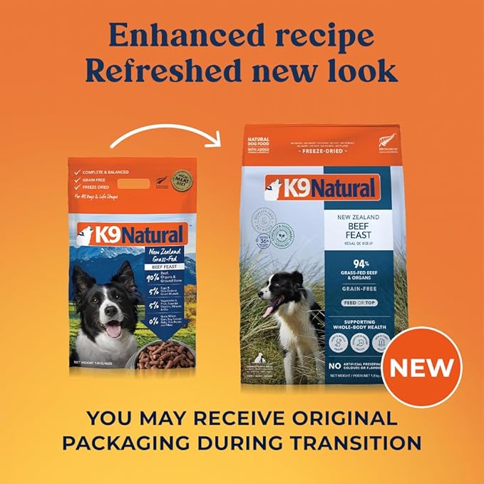 K9 Natural Beef Freeze Dried Dog Food High-Meat Natural Complete Meal or Meal Toppers for Dogs Grass-Fed Beef from New Zealand Grain-Free GMO-Free Complete &amp Balanced Nutrition 4lb
