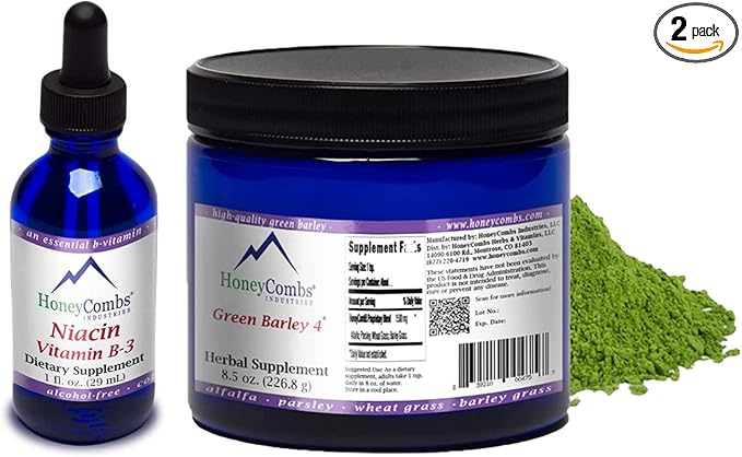 HoneyCombs Vitamin B3 (Niacin) Drops 1 Fl Oz. + Green Barley 4 8.5 Oz Powder
