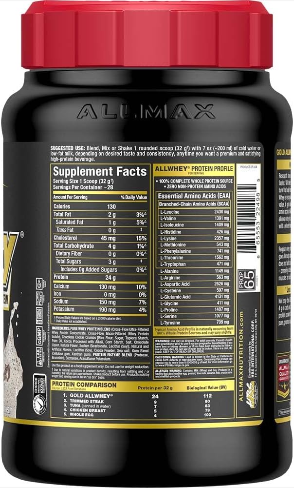 ALLMAX Nutrition Gold ALLWHEY Cookies &amp Cream - 2 lb - 24 Grams of Protein Per Scoop - Gluten Free Low Carb &amp Low Sugar - Approx. 30 Servings