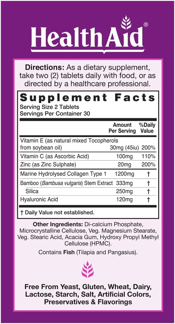 HealthAid Collagen Complex – Marine Hydrolyzed Collagen with Hyaluronic Acid Vitamins C &amp E and Zinc | 60 Tablets (2 Daily) to Support Skin Hydration &amp Elasticity