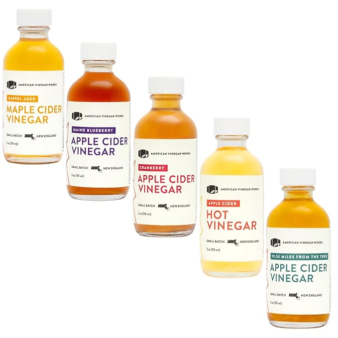 American Vinegar Works - Apple Cider Vinegar Sampler Pack - Includes Apple Cranberry Hot Wild Blueberry and Maple Cider Vinegars - Great for Gifts - 2oz Bottles - 5 Pack