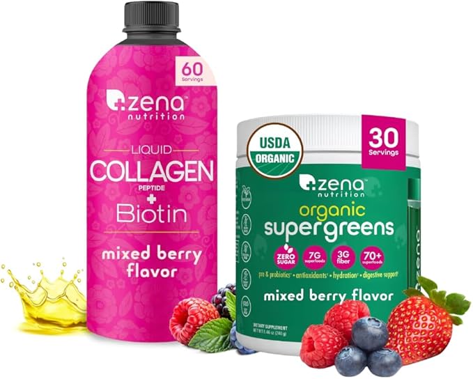 Zena Nutrition Liquid Collagen Peptides and Biotin Mixed Berry 20.3 Fl Oz + Organic Supergreens Greens Powder 70+ Superfoods Mixed Berry 30 Servings