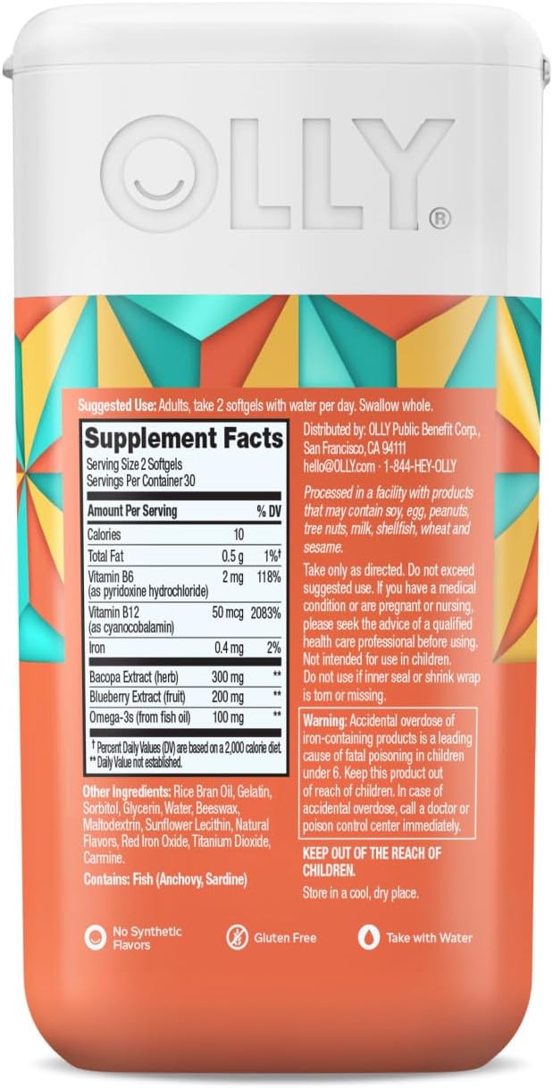 OLLY Ultra Strength Brain Softgels Nootropic Supports Healthy Brain Function Memory Focus and Concentration Omega-3s Vitamins B6 and B12 30 Day Supply - 60 Count