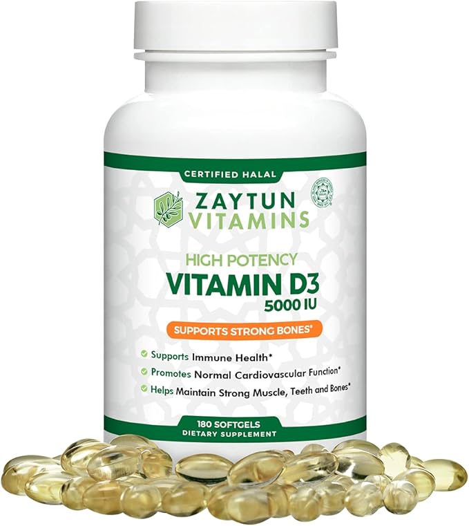 Zaytun Halal Vitamin D3 5000 IU 180 Mini Softgels Supports Bones Healthy Muscle Function &amp Immune Premium Vitamin D from Safflower Oil 6 Months Supply Non-GMO Gluten-Free Made in USA