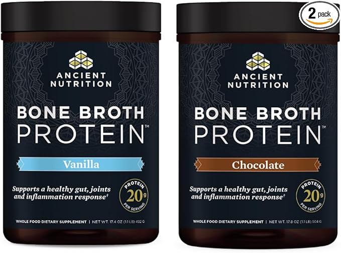 Ancient Nutrition Bone Broth Protein Powder Vanilla 20 Servings + Bone Broth Protein Powder Chocolate 20 Servings