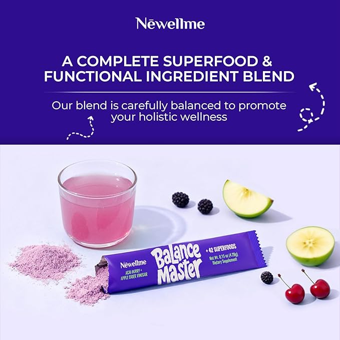 NEWELLME Balance Master Acai Apple Cider Vinegar Powder – Superfruit Antioxidant &amp Digestive Health Supplement with Probiotics &amp Fiber for Energy &amp Metabolic Support – Vegan Non-GMO 28 P