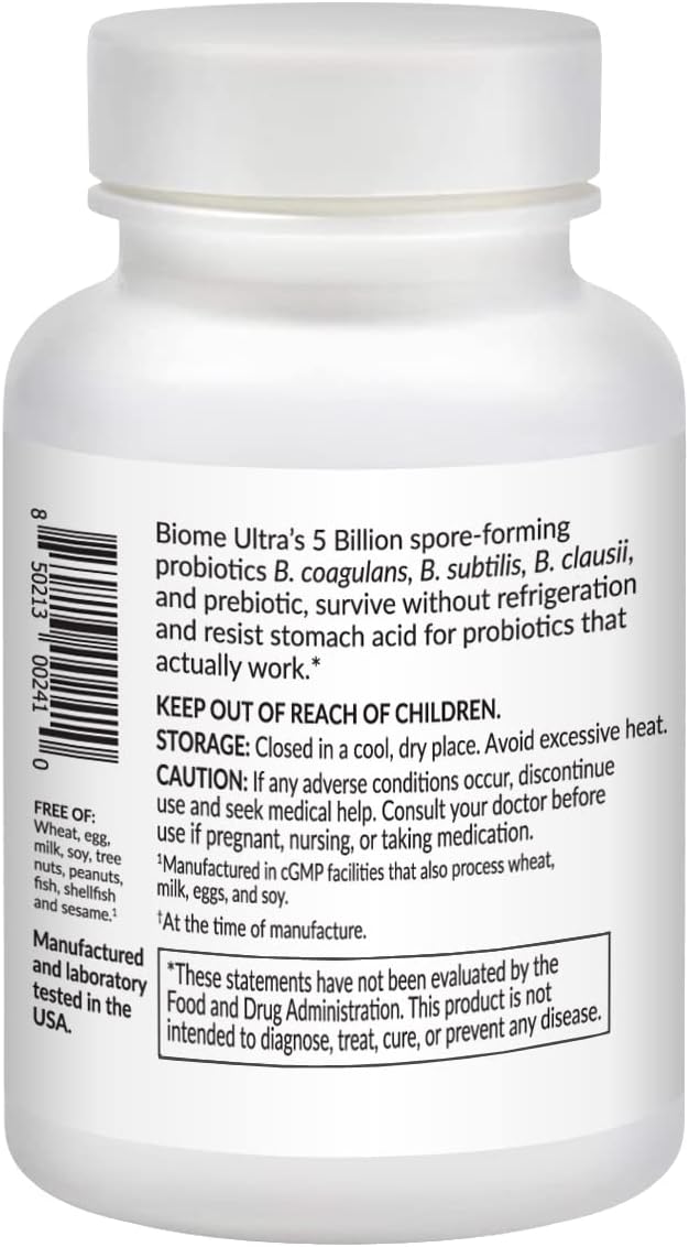 Biome Ultra Spore Probiotic + Prebiotic FOS (ProbioSEB CSC3) – 5 Billion CFU Per Capsule – Bacillus Coagulans Subtilis &amp Clausii – Shelf-Stable Daily Probiotic for Gut &amp Microbiome Support –