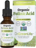 Dr. Green Life USDA Organic Folinic Acid Drops - 500 mcg per Drop | Methylation Support B9 Supplements for Kids &amp Adults | Supports Neurological Function Nervous System Health &amp DNA Synthesis