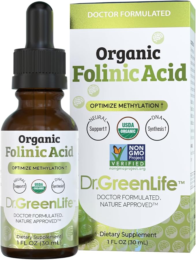 Dr. Green Life USDA Organic Folinic Acid Drops - 500 mcg per Drop | Methylation Support B9 Supplements for Kids &amp Adults | Supports Neurological Function Nervous System Health &amp DNA Synthesis