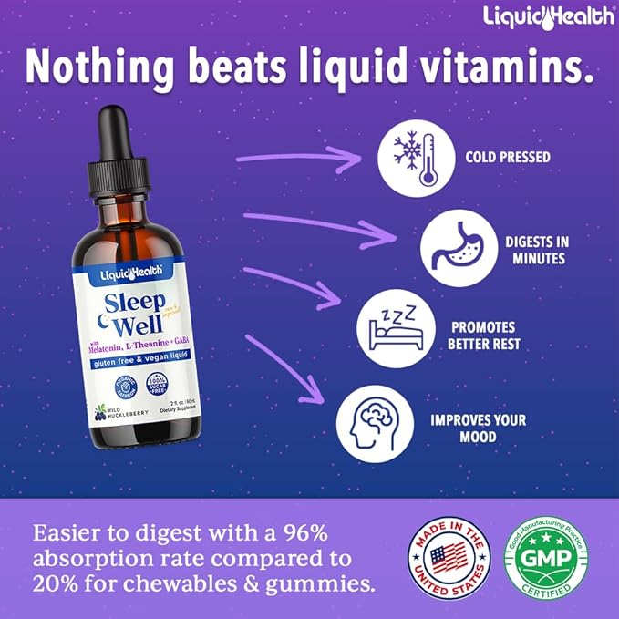 LIQUIDHEALTH Sleep Well Melatonin Drops &amp Calcium and Magnesium Liquid Joint Supplement Bundle - Natural Herbal Sleep Aid Promotes Relaxation Bone Tissue &amp Joint Support - USA Made Vegan