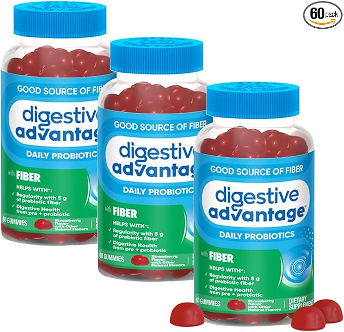 Digestive Advantage Prebiotic Fiber Supplement Strawberry Flavor Gummies with Probiotics for Women &amp Men Digestive Health Adults Regularity and Gut Health 60 Count (3 Pack)
