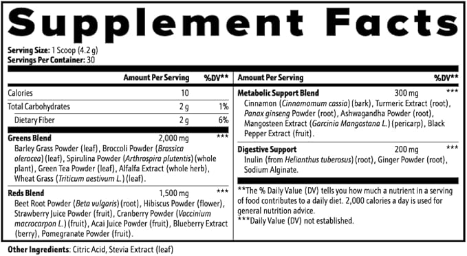 Greens Superfood Daily Nutrition and Energy Enhancement Powder with Spirulina Wheatgrass Barley Grass Adaptogenic Herbs for Immunity and Wellness Support