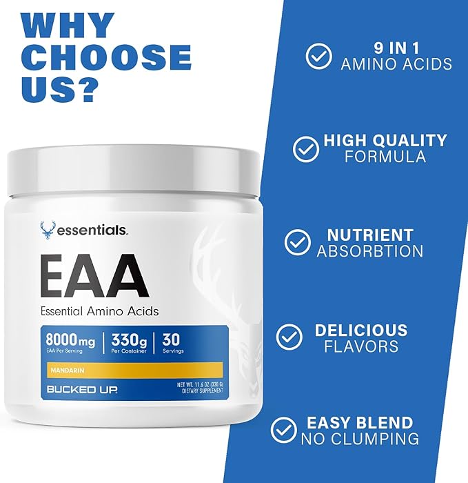 Bucked Up Essential Amino Acids - EAA Powder - Easy Mix Non Clumping Formula - for Pre/Intra Workout - Mandarin Flavor - 30 Servings - 11.6 oz