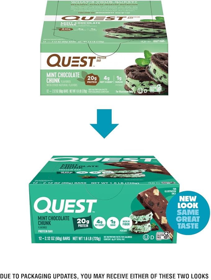 Quest Nutrition Mint Chocolate Chunk Protein Bars 20g Protein 1g Sugar 4g Net Carb High Fiber Gluten Free Keto Friendly 12 Count