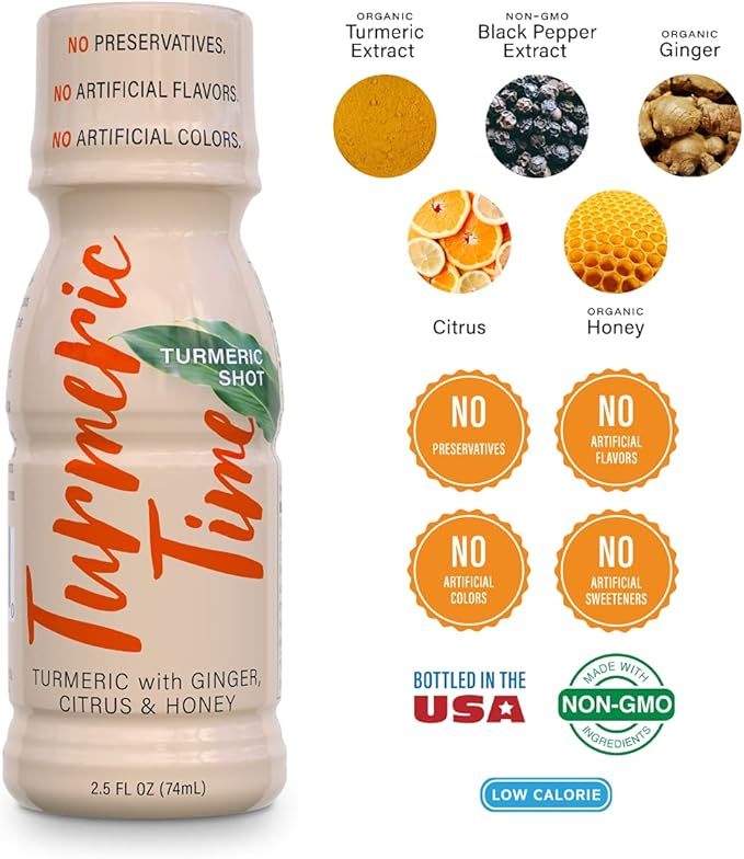 Turmeric Shots - Turmeric with Ginger Citrus &amp Honey | Non-GMO | No Preservatives or Artificial Flavors/Colors/Sweeteners | B Vitamins | Liquid Turmeric (12 Pack)