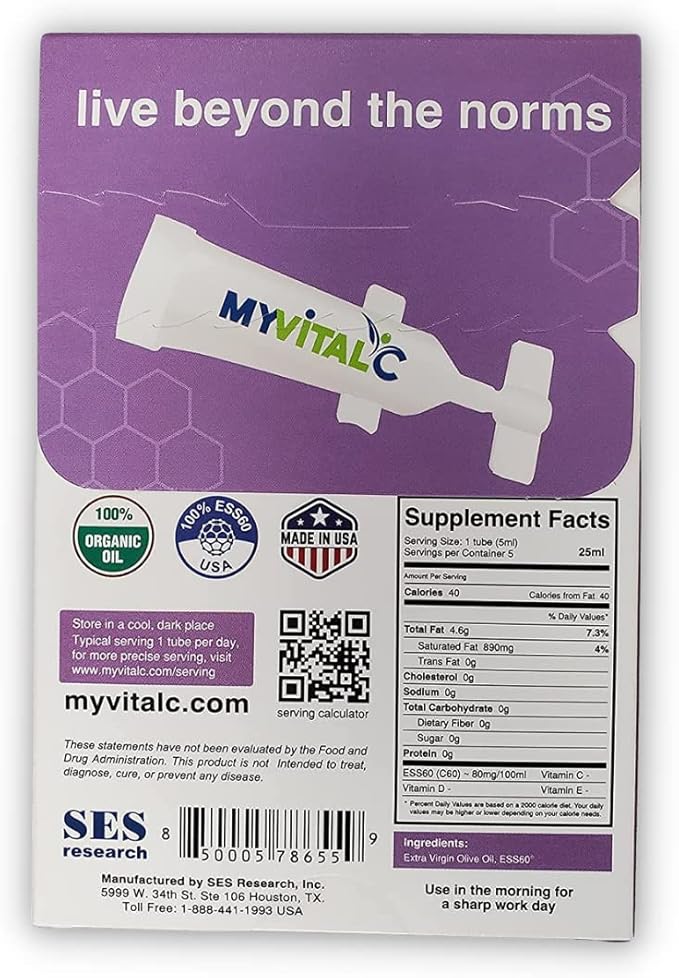 MyVitalC Focus &amp Energy Supplement - Pure ESS60 in Organic Extra Virgin Olive Oil - 30 Day Supply 150 ML - Pack of 6