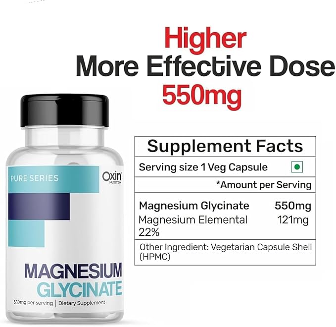 Magnesium Glycinate High Absorption Form for Healthy Muscles Nerves &amp Better Sleep- 60 Vegetable Capsules