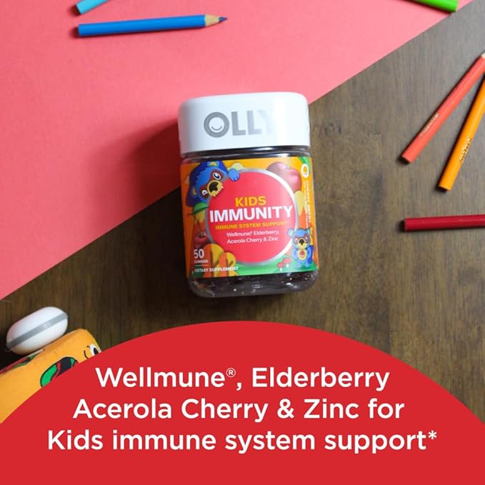 OLLY Kids Chillax Magnesium Gummies Plus L-Theanine Lemon Balm &amp Kids Immunity Gummy Immune Support Wellmune Elderberry Vitamin C Zinc Chewable Supplement Cherry - 50 Count