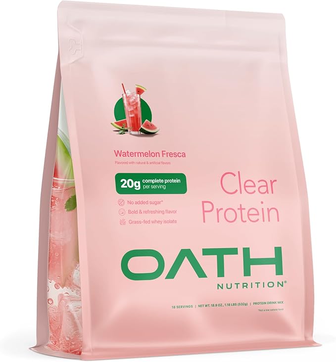 Oath Nutrition Clear Whey Isolate Protein Powder Watermelon Fresca 20g Complete Protein per Serving No Added Sugar Grass-Fed 18 Servings