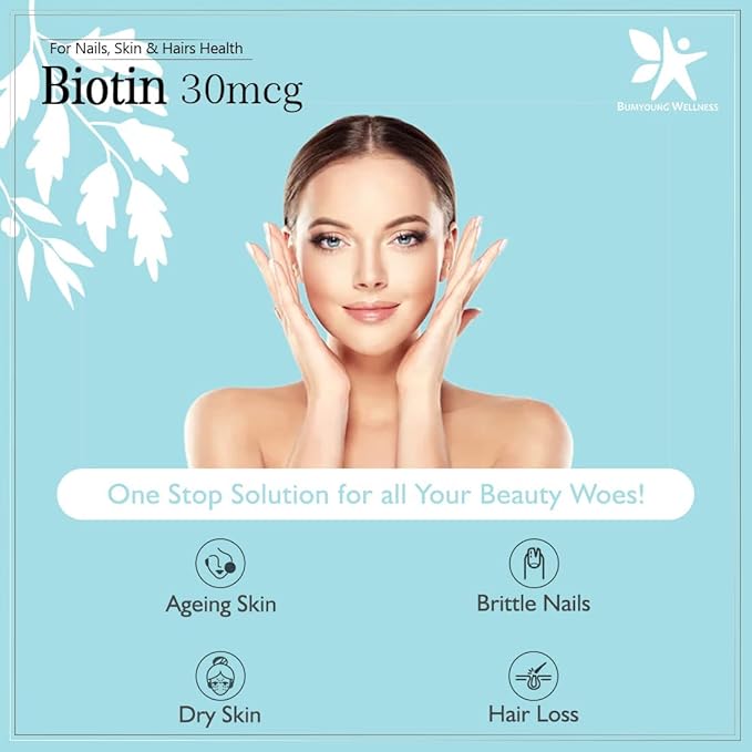 Biotin 30mcg Supplement for Hair Growth Strong Hair and Glowing Skin Fights Nail Brittleness 90 Tablets