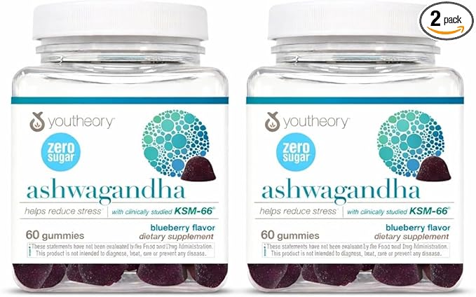 Youtheory Ashwagandha - Vegetarian Energy &amp Stress Support Supplement with Organic KSM-66 &amp Ginger Extract - Zero Sugar - Blueberry 60 Gummies Pack of 2 (60-Day Supply)