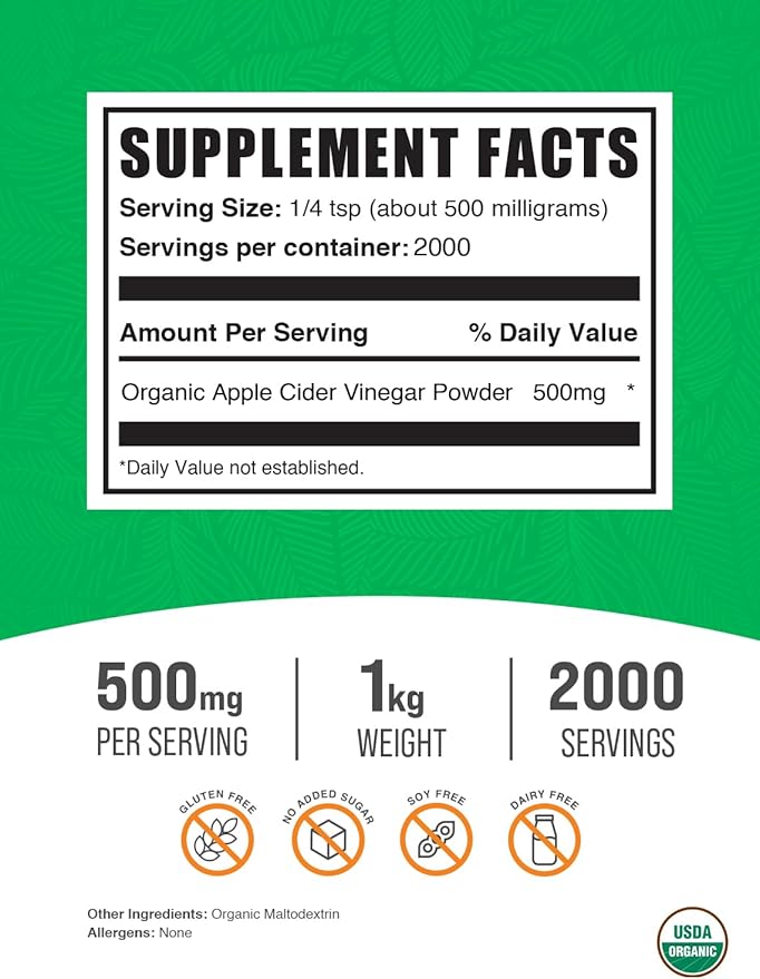 BulkSupplements.com Organic Apple Cider Vinegar Powder - Apple Cider Vinegar Supplement ACV for Digestive Support - Vegan &amp Gluten Free 500mg per Serving 1kg (2.2 lbs) (Pack of 1)