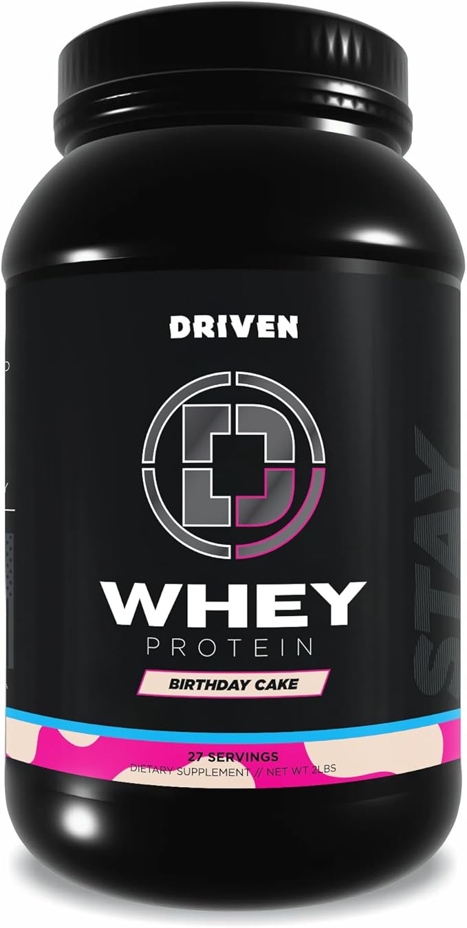 Driven WHEY- Whey Protein Powder: Delicious Clean Protein Shake- Improve Muscle Recovery with 23 Grams of Protein with Added BCAA and Digestive Enzymes (2lb Birthday Cake)