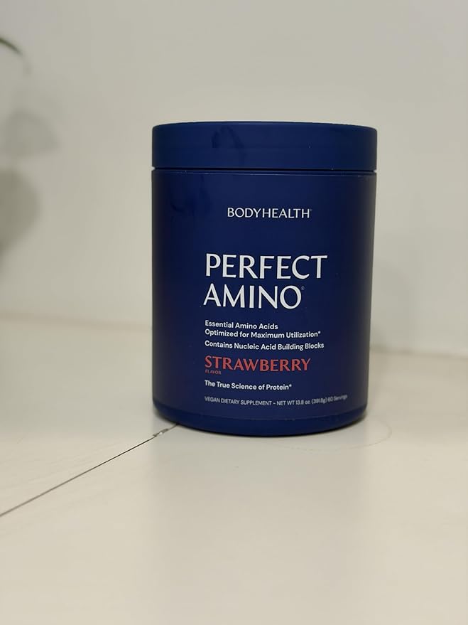 BodyHealth PerfectAmino Powder - BCAA and EAA Powder for Pre and Post Workout - Amino Acid Energy Drink for Men and Women to Support Lean Muscle and Recovery - Strawberry - 60 Servings