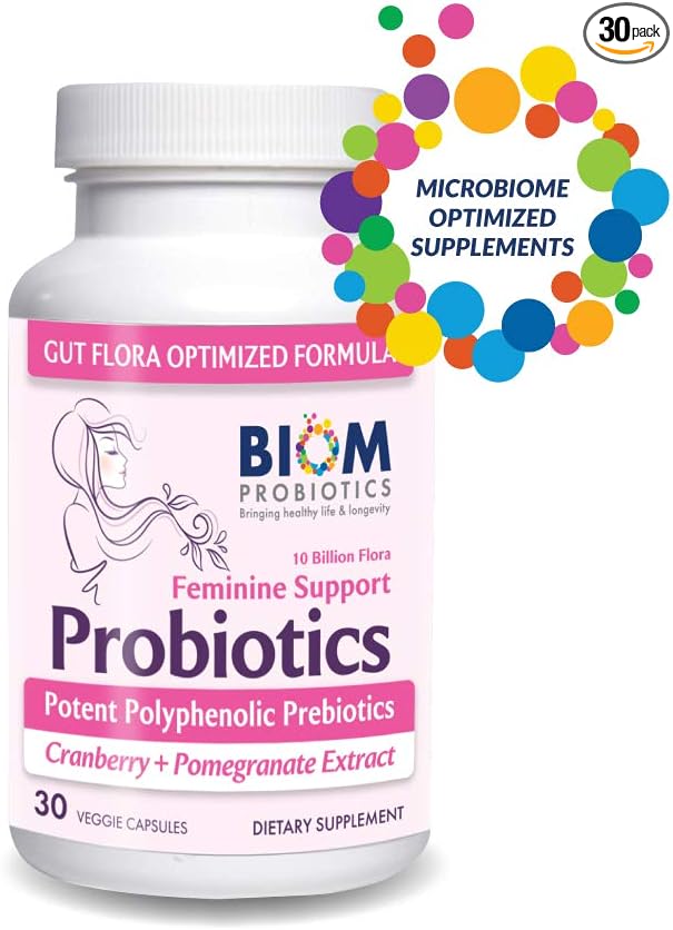 Biom Complete Feminine Balance Women's Daily Probiotics + Prebiotics with Organic Cranberry &amp Pomegranate with Lactobacillus crispatus Gluten &amp Dairy-Free. 30 Servings