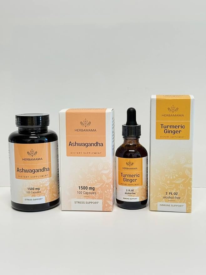 HERBAMAMA Ashwagandha and Turmeric Ginger Kit - Bundle of 1500 mg Ashwagandha Root Capsules &amp Turmeric Ginger Tincture 2 fl oz - Vegan Non-GMO Sugar &amp Alcohol-Free - 2 Pack
