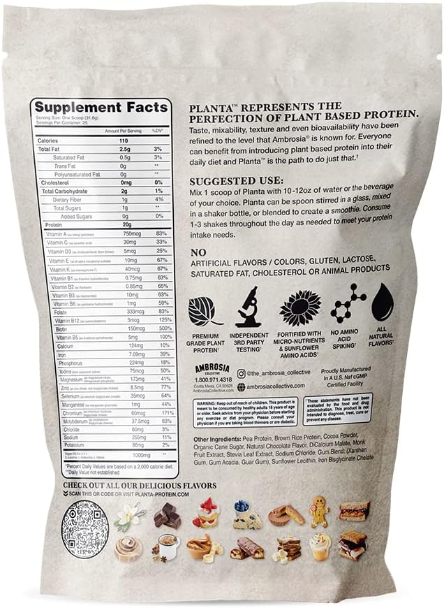Ambrosia Planta - Plant-Based Protein Powder 20g | Dairy Free Vegan Protein Powder with BCAA Amino Acids | Keto-Friendly No Added Sugar | 25 Servings | Melted Chocolate