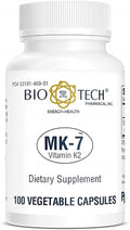 Bio-Tech Pharmacal MK-7 (Vitamin K2) 100 Vegetable Capsules – All-Natural Supplement – Supports Cardiovascular &amp Bone Health – No Dairy Fish Gluten Peanut Shellfish GMOs Kosher Halal &amp