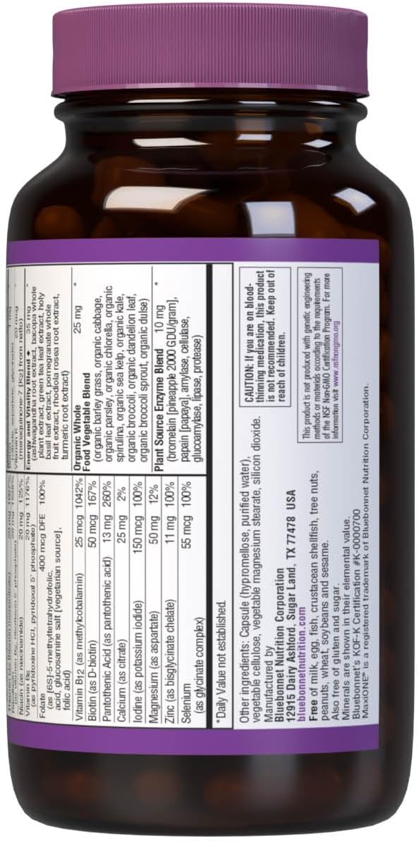 Bluebonnet Nutrition Maxi One (Iron-Free) Whole Food Multiple Enzymes Energy Vitality Gluten Soy &amp Green Free Kosher Vegetarian Friendly Non-GMO 90 Count