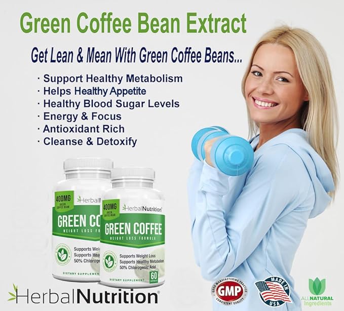 Herbal Nutrition BOGO Pure Green Coffee Bean Extract Two Bottle Pack 120 Capsules Multi-Level Dosing 400mg - 1200mg Per Serving 50% Chlorogenic Acid. Weight Loss &amp Cleanse Supplement