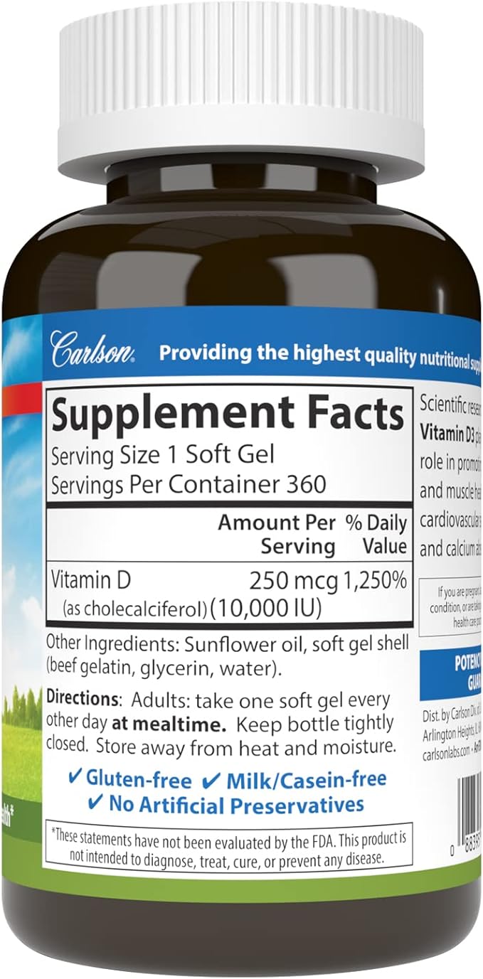 Carlson Vitamin D3 10000 IU (250 mcg) Cholecalciferol Bone &amp Immune Health 360 Soft Gels