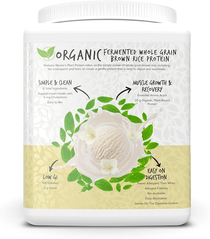 Portions Master Plant Protein Organic Plant Based Protein Powder with Fermented Brown Rice Complete Amino Acid Profile Vegan Non GMO Gluten Free (375g Vanilla)